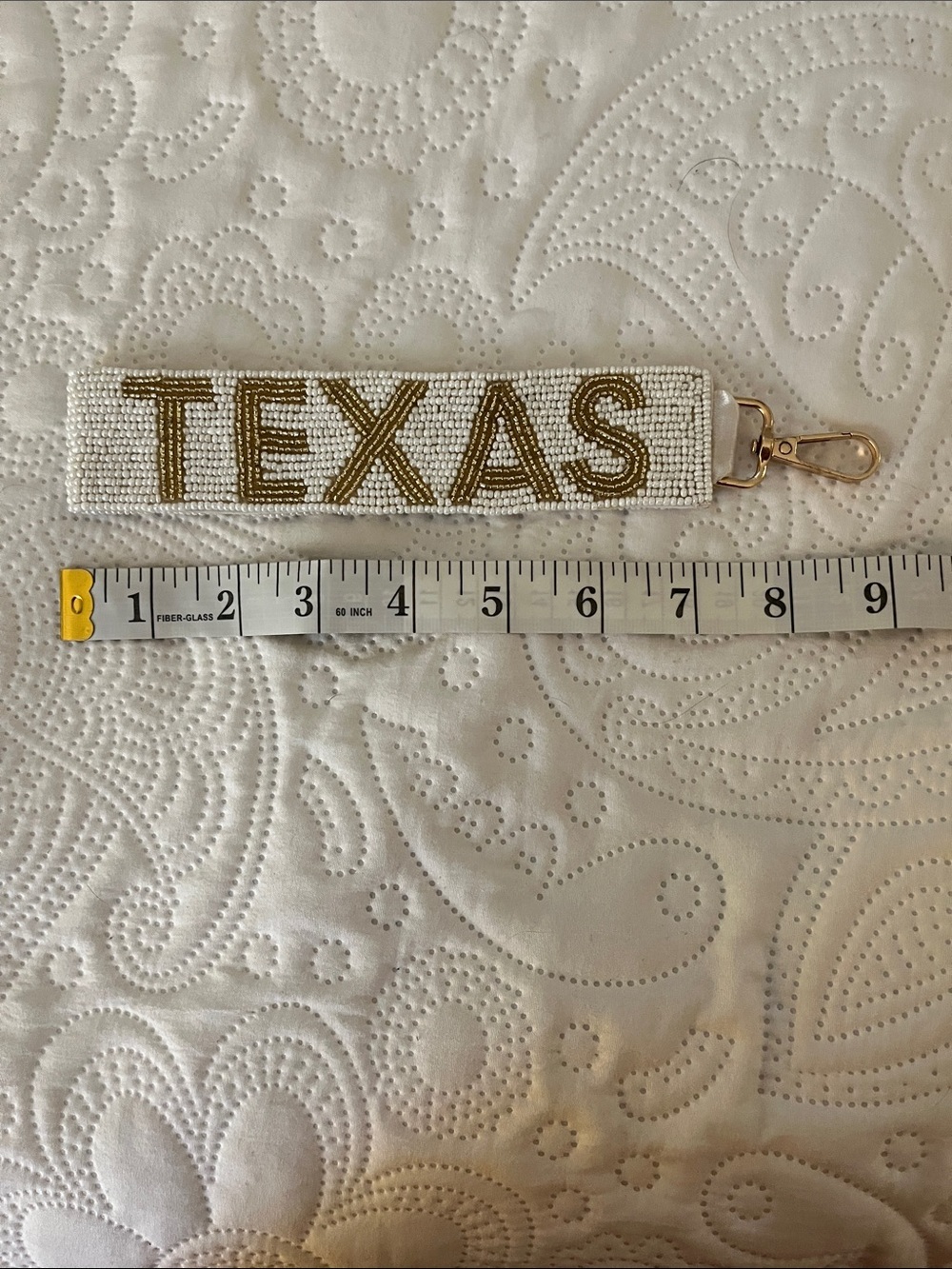 Texas Beaded Keychain Wristlet - Gold on White Never Used - Picture 2 of 5